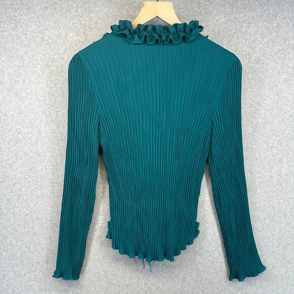 Susan Lucci Blouse Top Womens Medium Teal Green 100% Polyester Pleated Ruffled - Picture 2 of 15